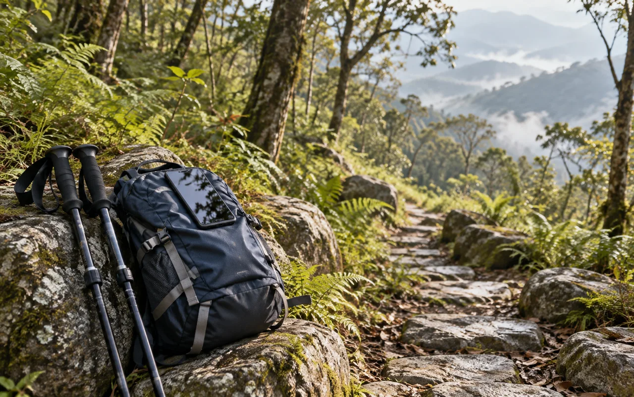 森林步道與行動登山裝備（AI 情境示意）